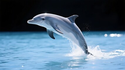 Naklejka premium A dolphin is seen leaping energetically out of the water, showcasing its smooth and streamlined body.