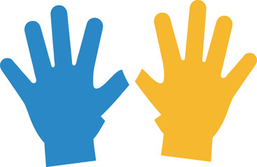 Colorful handprint vector illustration, blue and yellow hands, side by side, educational and artistic theme, symmetrical design, identity concept