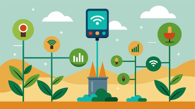 A network of soil sensors provide instant feedback on nutrient levels and pH helping farmers make informed fertilizer applications.. Vector illustration