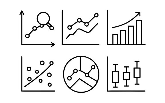 Set of linear data charts and graphs illustrating analytics and trends