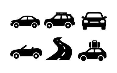 Naklejka premium Silhouette car icons set: compact, suv, convertible, with road and travel themes