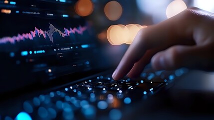Fingers typing on illuminated keyboard with financial chart display in background, dramatic lighting creates modern tech atmosphere for business and trading concept.