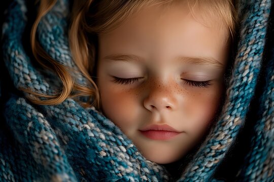 Peaceful sleeping child wrapped in cozy blue knitted blanket, close up portrait showing freckles and long eyelashes against soft textured background. - Powered by Adobe