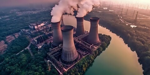 Aerial view of cooling towers emitting steam at power station during sunset, with river reflecting golden light and surrounding green forest landscape.