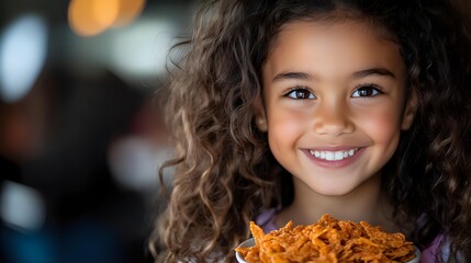 Young African American girl with curly hair smiling brightly while holding orange frosted cupcake with purple candle. Bokeh lights create festive birthday celebration atmosphere.