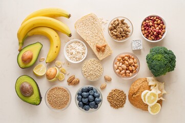Overhead shot of bananas avocados nuts seeds grains and other healthy foods on a white surface top view