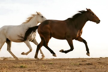 Fototapeta premium Two horses, one white and one brown, are galloping rapidly in an open field, showcasing their speed and vitality.