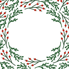 Obraz premium Christmas frame with green branch and red berry forming a festive circular border on a white background in flat style.