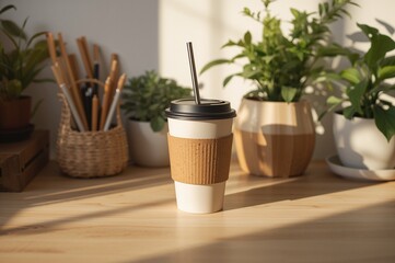 A paper cup with a straw on a wooden surface surrounded by plants in decorative pots in sunlight