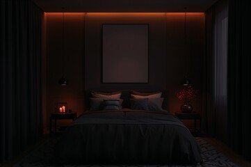 Dark bedroom interior with bed frame and headboard under soft orange lighting and wall art decor