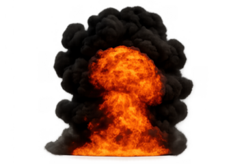 Fiery explosion generating a large mushroom cloud of fire and black smoke, representing destruction and catastrophe