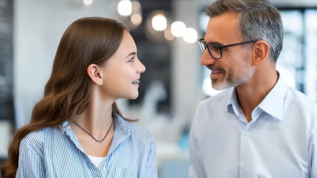 A joyful teenage girl with braces stands next to her smiling father in a contemporary, well lit room. Their warm expressions reflect a close, supportive family relationship and genuine happiness