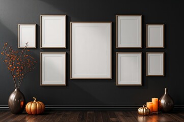 Frames on a dark wall with halloween decorations and vase with orange flowers on a wooden floor