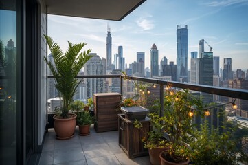 A balcony with plants and lights overlooking a cityscape with tall buildings in the distance