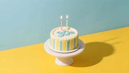 A small birthday cake with 30th written on it, decorated with candles, placed on a stand.