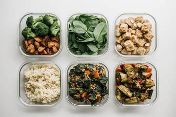 Six glass containers filled with various healthy foods sitting on a white surface from an overhead view