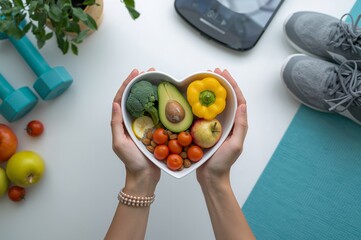 Hands holding heart shaped bowl with healthy food next to dumbbells and sneakers on a yoga mat