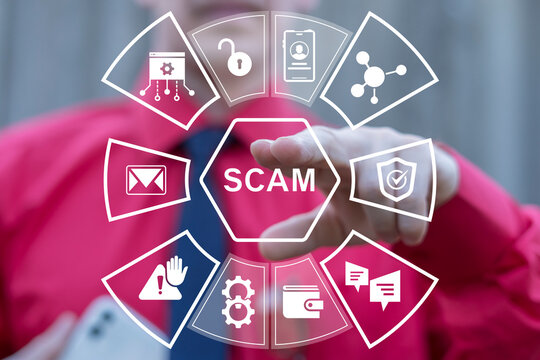 Business person using virtual touch screen presses the word SCAM. Concept of Scam Spam Web Fraud Cyber Secure Privacy.