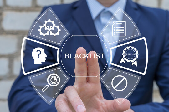 Black list database. Business person using virtual touch screen presses the word BLACKLIST. Blacklist Blocked Content Account Access Cyber Security Web Technology Concept.
