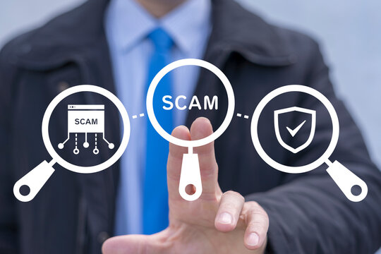 Business person using virtual touch screen presses the word SCAM. Scam Spam Web Fraud Cyber Secure Privacy concept.