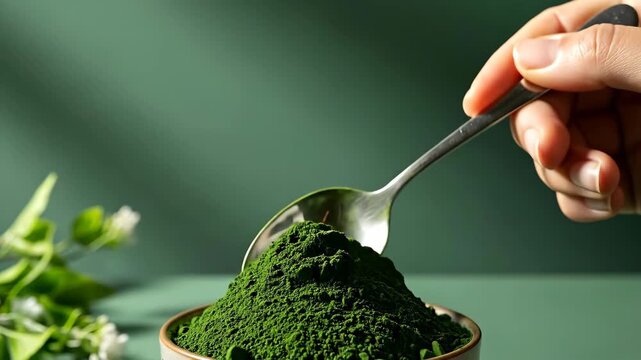 Hand scooping Asian superfood green powder health supplement nutrition - Powered by Adobe