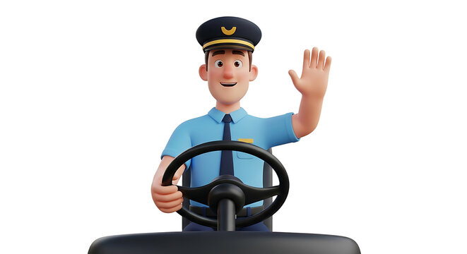 A friendly 3D cartoon bus driver is smiling and waving while driving, creating a welcoming and cheerful atmosphere.