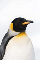 Naklejka premium A close-up view of a king penguin showcasing its distinctive black, white, and yellow plumage in a natural setting.