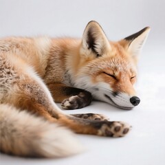 Fototapeta premium A red fox is peacefully sleeping on a white background, showing its relaxed and cozy state.