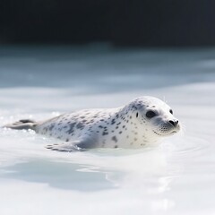 A spotted seal is seen swimming gracefully in the water, showcasing its distinctive spotted pattern.