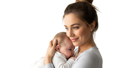 A serene portrait captures a loving mother gently cradling her infant, embodying a moment of tender connection.