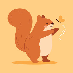 Cute squirrel playing with a butterfly. Adorable woodland animal character. Vector cartoon illustration isolated on yellow.
