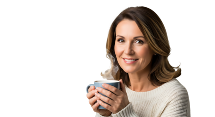 A woman smiles warmly while holding a steaming cup, her cozy sweater complementing the comforting scene. #CozyVibes