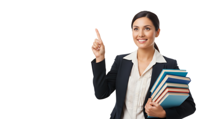 Enthusiastic educator, poised with books, shares insightful advice with a hopeful expression. Knowledge is power.