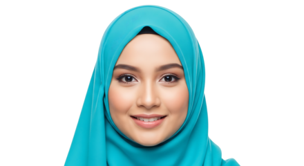 Close-up portrait of a young woman in a turquoise hijab, smiling with bright eyes and a warm expression.