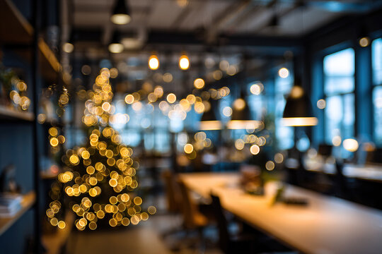 Blurred modern office with Christmas tree with bokeh lights