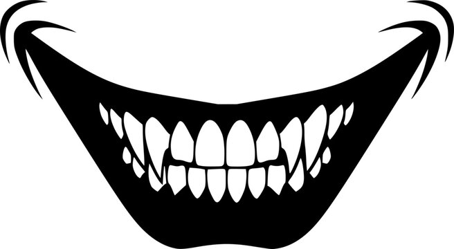 Joker smile silhouette. Image shows a black silhouette of a wide, sinister Joker smile with sharp, pointed teeth. Vector clipart illustration design.
