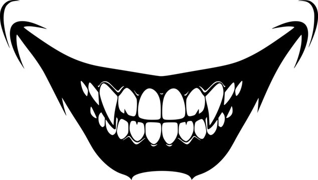 Joker smile silhouette. Image shows a black silhouette of a wide, sinister Joker smile with sharp, pointed teeth. Vector clipart illustration design.

