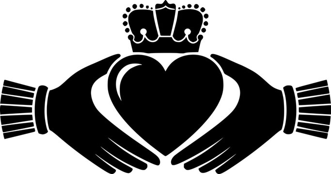 Claddagh silhouette. This image features the Irish Claddagh symbol, a heart held by two hands topped with a crown, symbolizing love, loyalty, and friendship. Vector clipart illustration design.