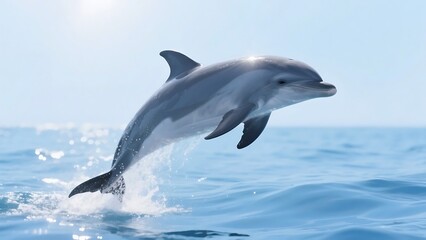 Fototapeta premium A dolphin is seen leaping energetically out of the clear blue ocean water, showcasing its sleek body and playful nature.
