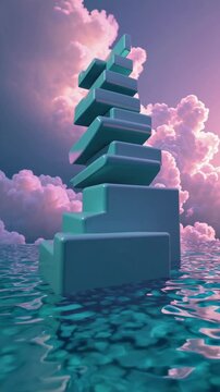 Escalier turquoise flottant sur une mer miroir sous ciel rose