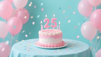 A 25th birthday cake with pink layers, candles, and confetti, set against a light blue background with balloons.