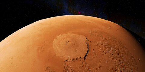 Mars Olympus Mons Volcano - Mar's Olympus Mons is the largest volcano in the solar system. The massive Martian mountain towers high above the surrounding plains of the red planet.