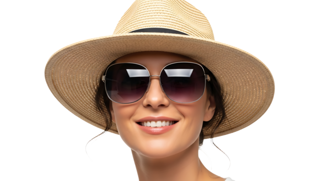 Smiling woman with brown hair wearing sunglasses and a sunhat, exuding a sunny and elegant charm against a clear background.