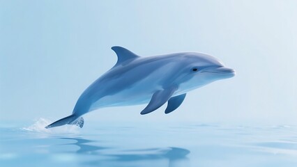 A dolphin is seen leaping energetically out of the clear blue water, showcasing its graceful movement in the aquatic environment.