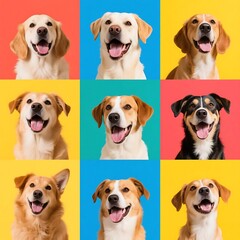 Nine dogs with various expressions are displayed on colorful backgrounds, showcasing different dog breeds and their charming looks.