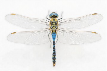 A detailed close-up of a dragonfly showcasing its vibrant colors and transparent wings in natural setting.