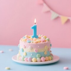 A small birthday cake for first year with pastel colors, candies, and a lit number one candle.
