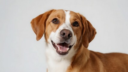 A close-up shot shows a cute brown and white dog with a cheerful expression, looking directly at the camera.
