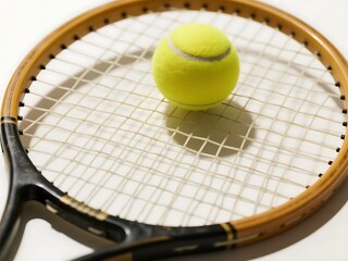 A close-up view of a yellow tennis ball placed on the strings of a tennis racket, highlighting sports equipment.