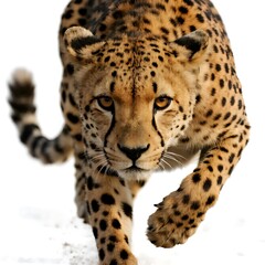 A cheetah is seen in mid-stride, showcasing its speed and distinctive spotted coat against a white backdrop.